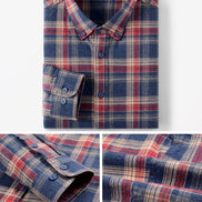 A folded plaid button-up shirt shown on a light gray background, with two smaller detail panels below. The shirt has a navy blue base with red, beige, and white plaid stripes 