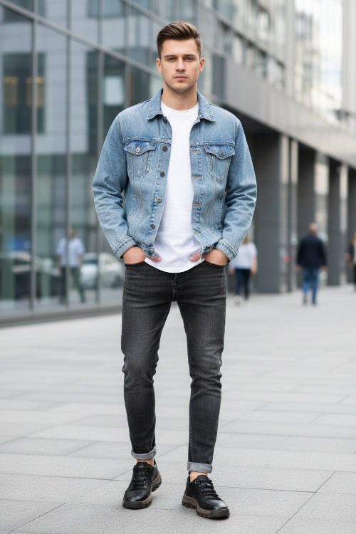 Black leather sneakers worn on a wooden floor