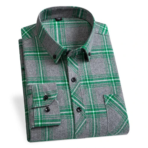 Green and gray plaid shirt on a white background
