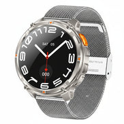 Smartwatch with metallic band on a dark background, highlighting features like high-capacity battery 