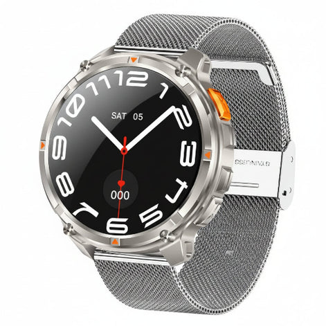 Smartwatch with metallic band on a dark background, highlighting features like high-capacity battery 