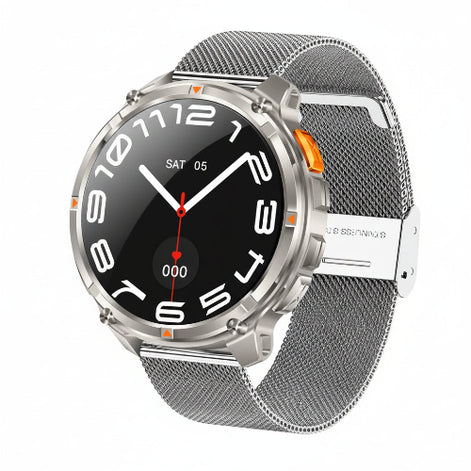 Smartwatch with metallic band on a dark background, highlighting features like high-capacity battery
