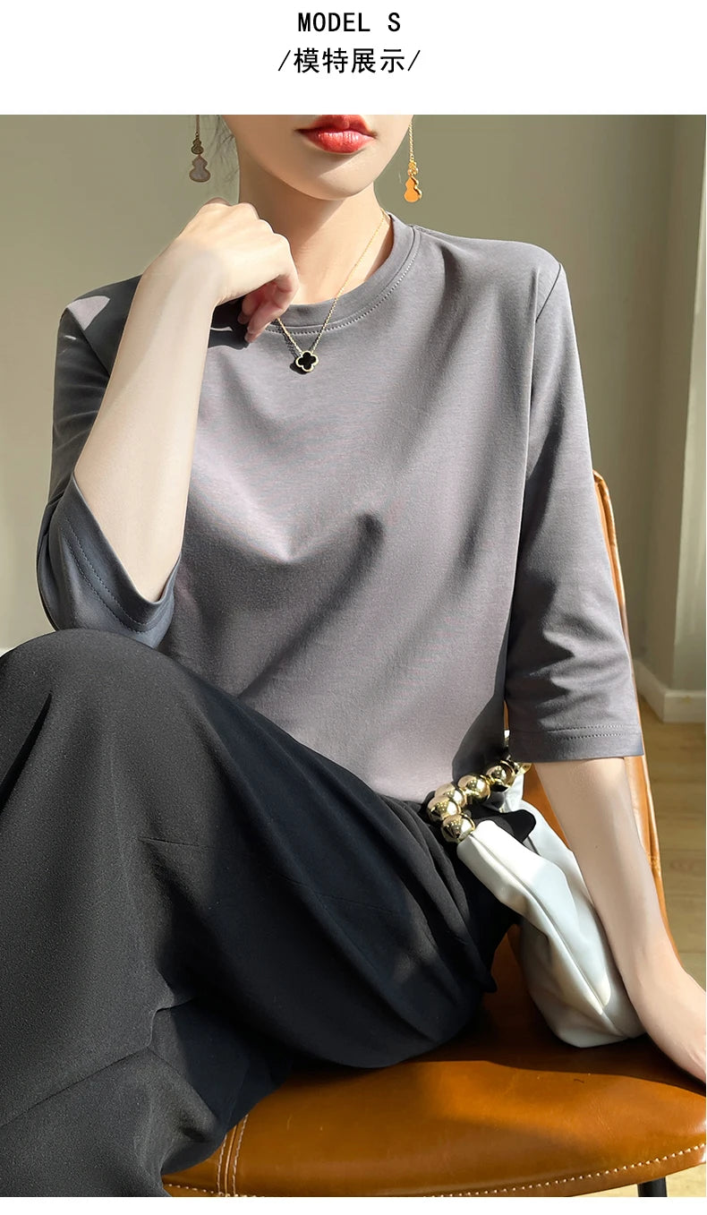 Summer Cotton Short-Sleeved T-Shirt Women's Round Neck Seven-Point Sleeves Loose Mercerized Cotton Half-Sleeve Shirt New T-shirt