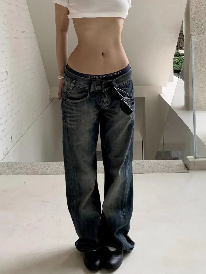 AAutumn Women's Blue Y2K Baggy Jeans | Trendy High-Waist Vintage