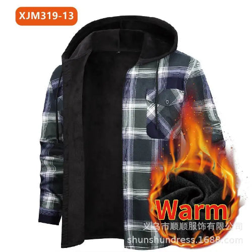 A men's hooded jacket with a black fleece lining and a blue, gray, and white plaid patterned outer shell. The image features a graphic overlay showing a black fleece