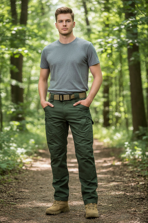 Green tactical pants with a belt on a white background, featuring the brand 'ArmyGreen'.