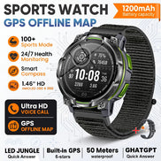A rugged sports watch with a black textured strap and a dark gray round face, shown on a white background