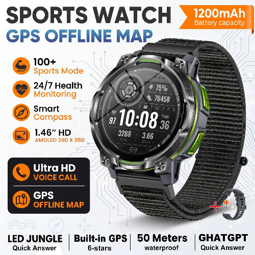 A rugged sports watch with a black textured strap and a dark gray round face, shown on a white background