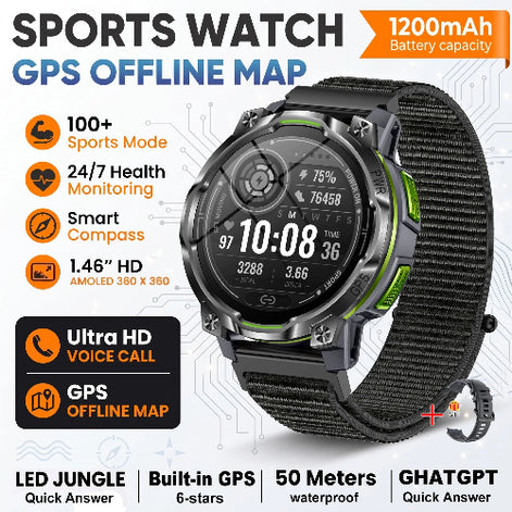 A rugged sports watch with a black textured strap and a dark gray round face, shown on a white background