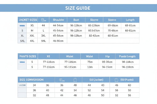 Measurement chart for suits and pants with size specifications.