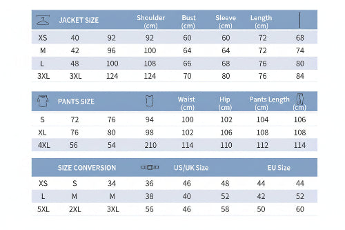 Measurement chart for suits and pants with size specifications.