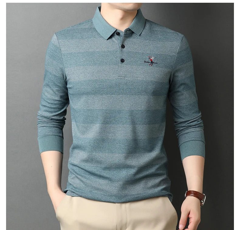 2025 High End New Fashion Brand Striped Designer Embroidery Casual Turn Down Collar Long Sleeve Polo Shirts Men Tops Men Clothes