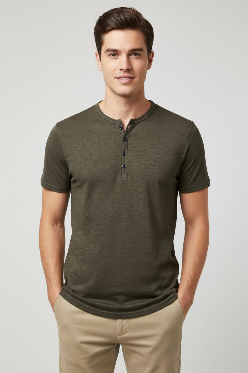 Green short-sleeve henley shirt on a white background
