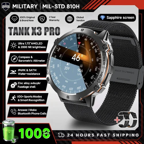 Tank X3 Pro smartwatch with features listed on a promotional graphic