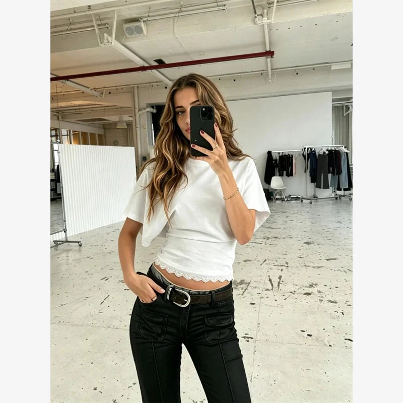 Versatile Regular-shoulder T-shirts Women Casual White Round Neck Irregular Hem Pleated Short Top Summer Lady Street Wear New