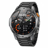 Smartwatch with metal band and display showing various functions on a white background