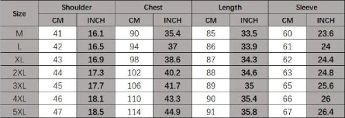 Size chart for clothing with measurements in centimeters and inches.