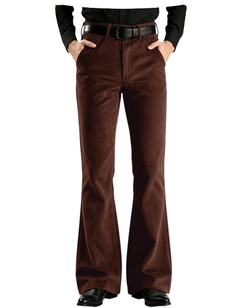 A pair of brown flared corduroy pants worn with a black shirt and belt, shown from the waist down on a white background.