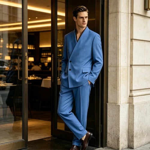 A man wearing a tailored blue double-breasted suit with a split shawl collar, standing in a doorway of a modern building.