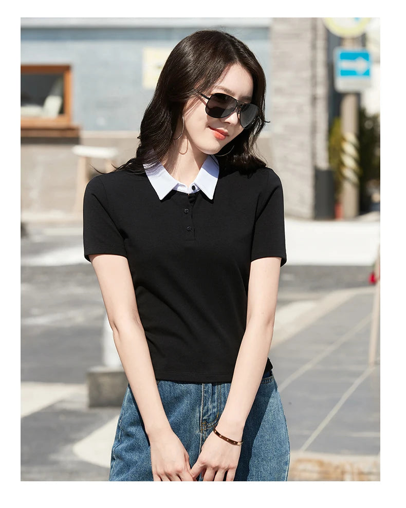 Summer New Cotton Polo Shirt Solid Color Polo Neck Short Sleeve High Waist Short Style Slim Fit Fashion Casual Women's Shirt
