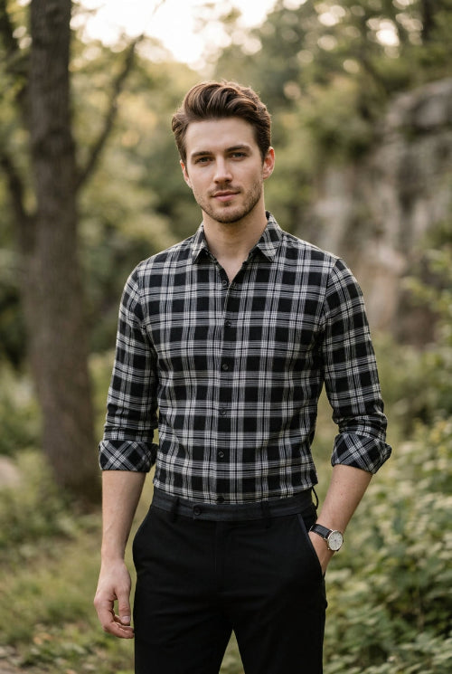 A man wearing a black and white plaid long-sleeve button-up shirt, paired with black trousers and a black belt, standing against a dark gray background.