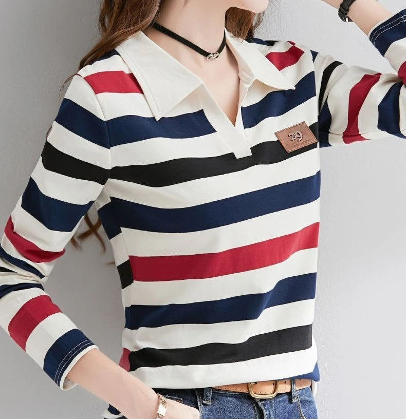 Slimming Striped Polo T-Shirt for Women 100% Cotton Long Sleeve Innerwear for 2026 Transitional Wardrobe
