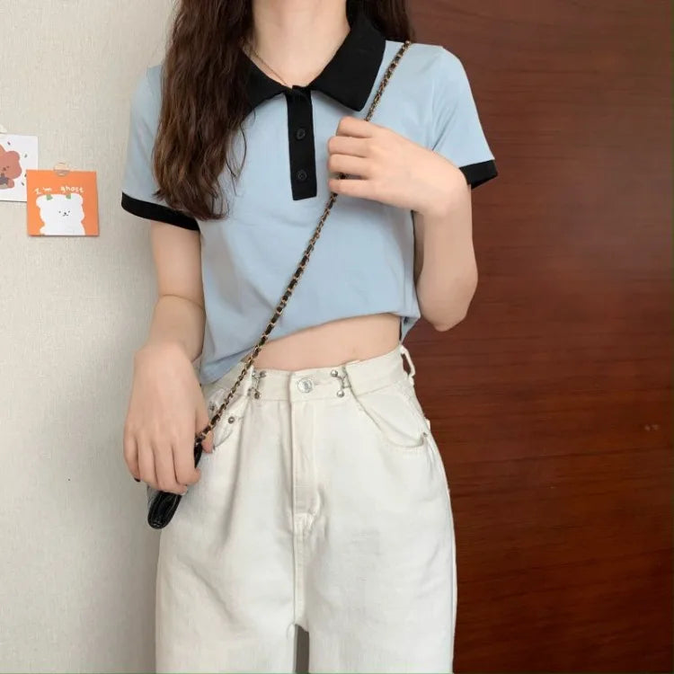 Summer 2026 Women New Arrival Slim Fit Versatile Polo Collar Color Block Short T Shirt Short Sleeve Unique Top Ins Trendy