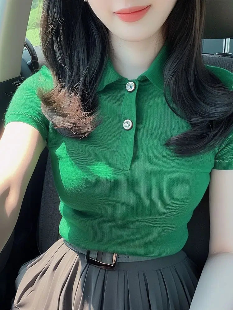 2026 Summer New Solid Color Short Sleeve Stylish Slim Fit Korean Style Polo Collar Hot Girl Top for Women