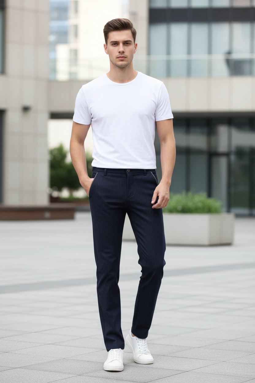 Navy blue men's trousers on a gray background