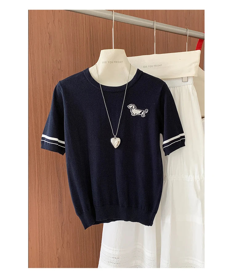 Summer 100% cotton women's T-shirt casual solid color knitted pullover short sleeved loose round neck Tees Pull embroidered Tops