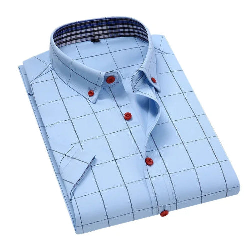 Light blue checkered shirt with red buttons on a white background