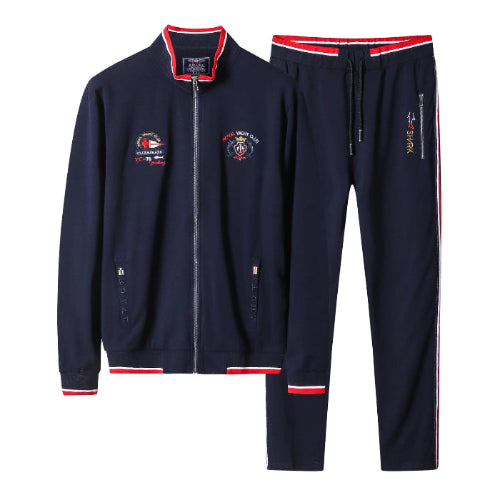 Black tracksuit with red and white accents on a white background