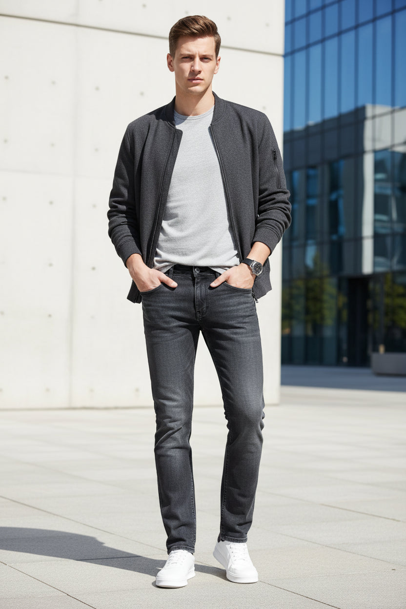Person wearing dark gray jeans on a gray background