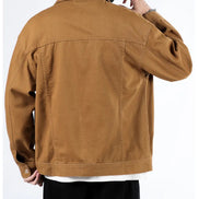 Brown jacket worn by a person on a white background