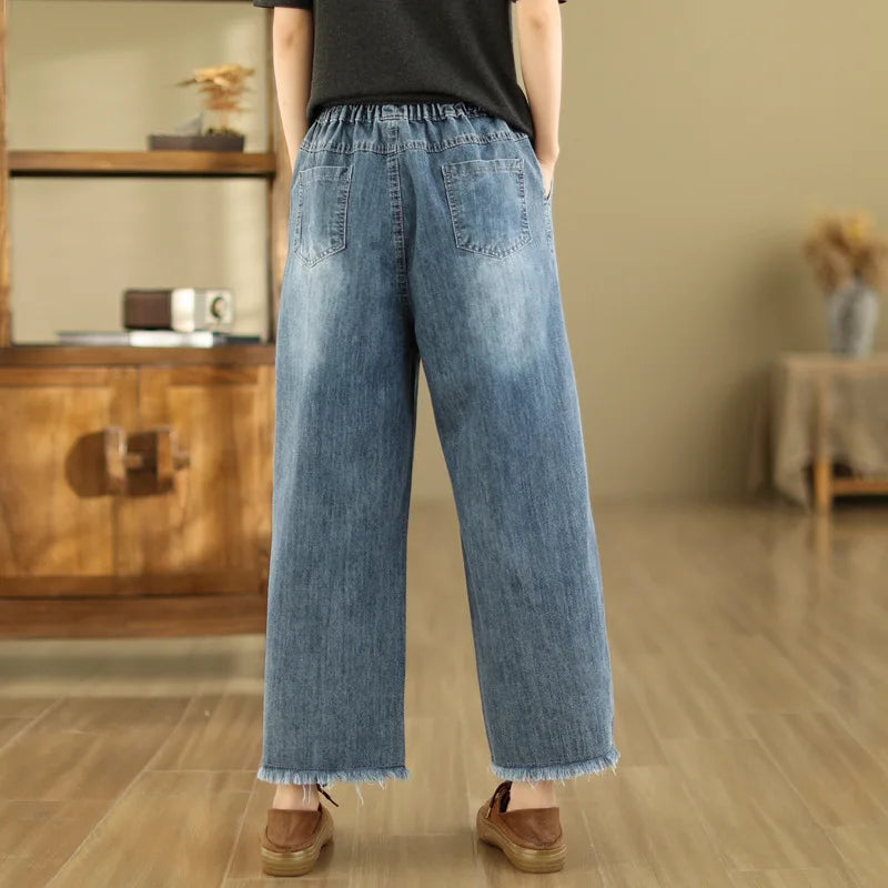 Spring Summer Ethnic Style Vintage Floral Embroidery Denim Wide Leg Pants Women High Elastic Waist Hole Casual Straight Jeans