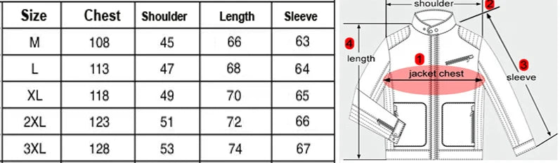 Measurement chart for jacket sizes with labeled chest, shoulder, length, and sleeve dimensions.