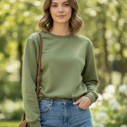 An olive green crewneck sweatshirt with long sleeves and ribbed cuffs and hem, 