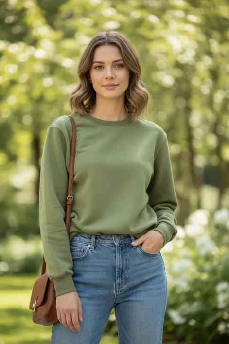 An olive green crewneck sweatshirt with long sleeves and ribbed cuffs and hem, 