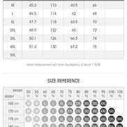 A size chart and size reference table for tops, showing measurements in centimeters and weight/height guidance for sizes M through 5XL, with a note indicating it is Asian size smaller than US/UK/AUS/EU size.