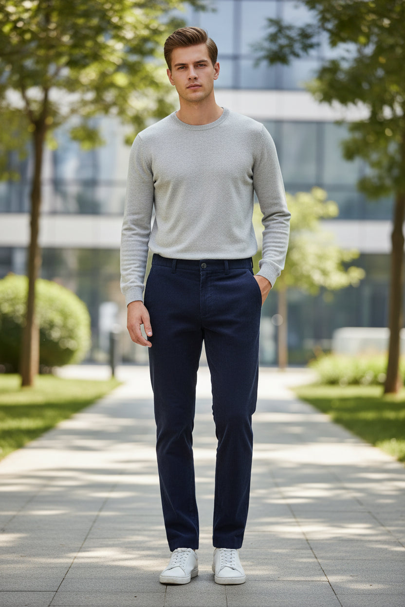 Folded navy blue pants with a brand label on a light gray background