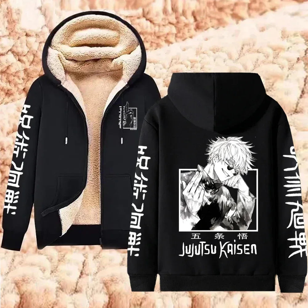 Black hoodie with 'Jujutsu Kaisen' design on a textured beige background