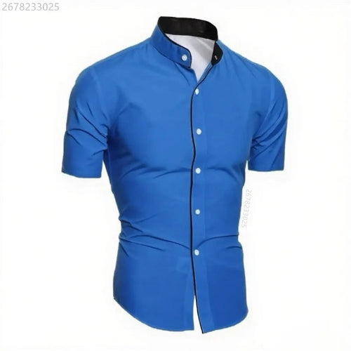 A men's short-sleeve button-up shirt in a vibrant medium blue, featuring a black mandarin collar and white buttons, displayed on a white background.
