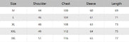 Table showing shoulder, chest, sleeve, and length measurements for different sizes.