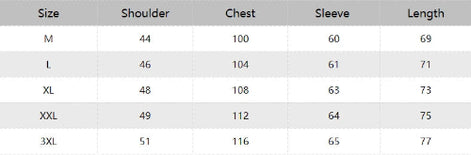 Table showing shoulder, chest, sleeve, and length measurements for different sizes.