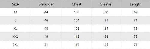 Table showing shoulder, chest, sleeve, and length measurements for different sizes.