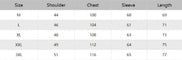 Table showing shoulder, chest, sleeve, and length measurements for different sizes.