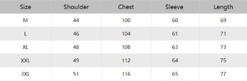 Table showing shoulder, chest, sleeve, and length measurements for different sizes.