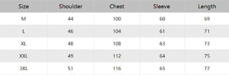Table showing shoulder, chest, sleeve, and length measurements for different sizes.