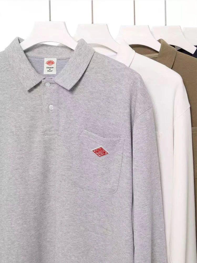 Hot sales Spring Autumn Men's Quality Solid Pocket Long Sleeve Polo-Shirt Embroidery Logo T-shirt Comfortable Tops Exports Japan