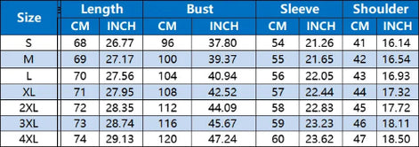 Size chart listing sizes S to 4XL with length, bust, sleeve, and shoulder measurements in centimeters.